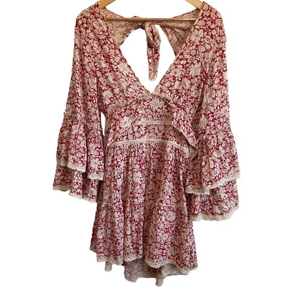 Free People Flowy Boho Ruffle Sleeve Waist Open Back Raspberry Mini Dress Size S - Picture 6 of 16